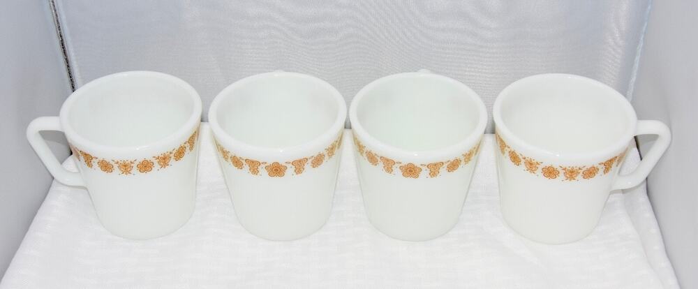 PYREX BUTTERFLY GOLD MILK GLASS CUPS #1410 Flat Coffee Mugs X-4